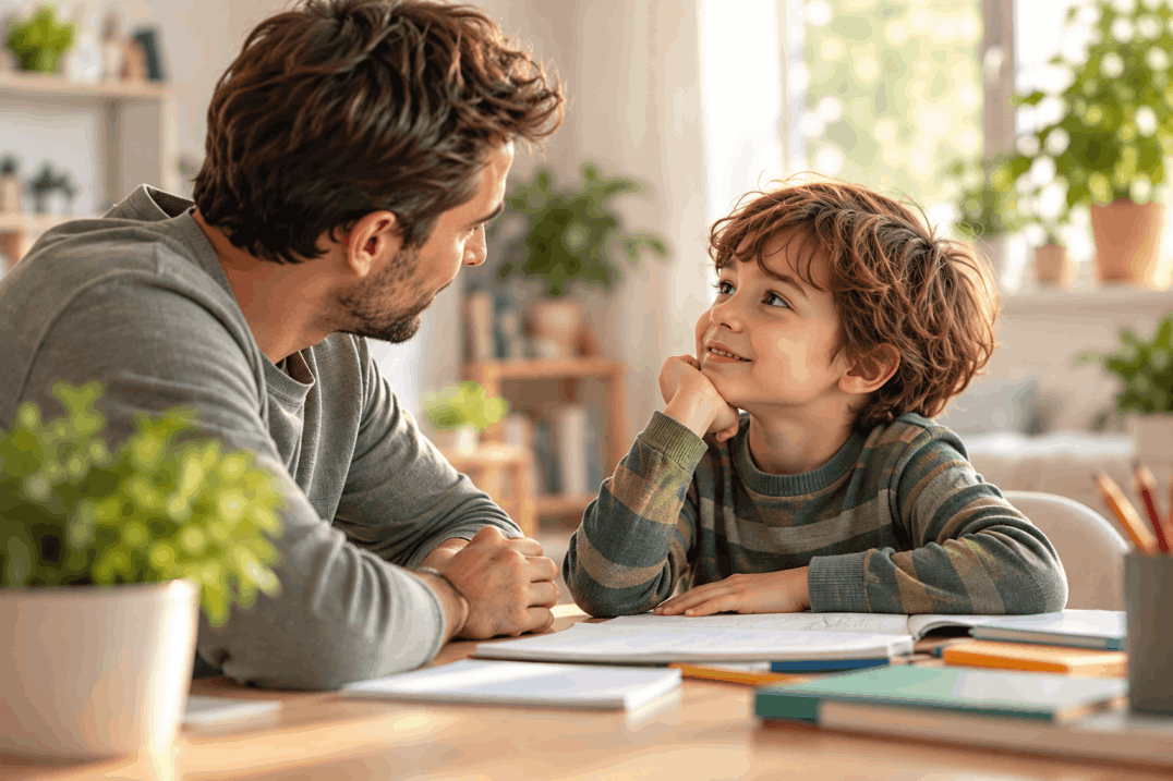 Adulto e bambino dialogano durante un’attività insieme