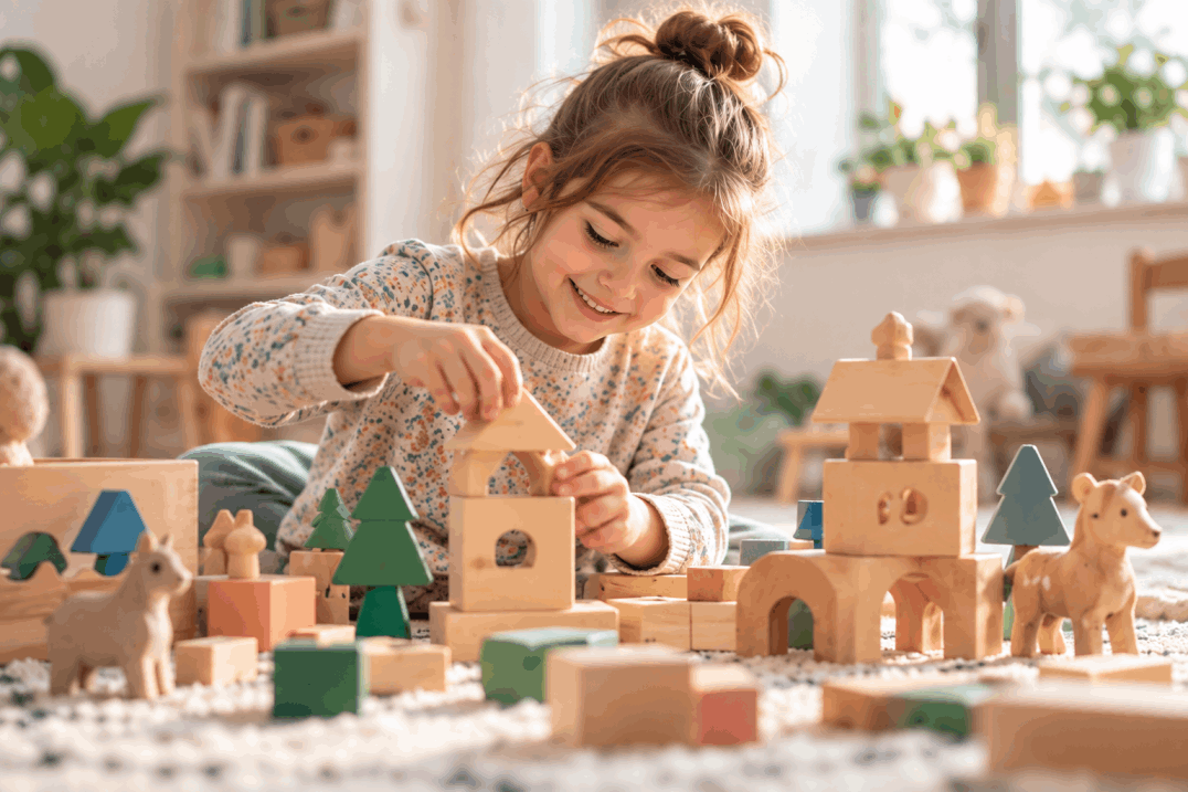 Bambina che gioca con costruzioni in legno