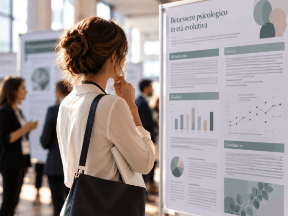 Presentazione di un poster scientifico durante un convegno di psicologia.